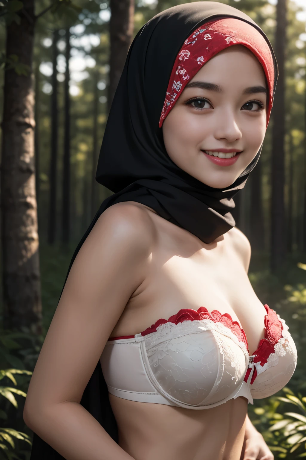 (((HIJAB))), (Happy smile), (((HIJAB yemaniL))), masutepiece, High quality, UHD 32K, Realistic face, Realistic skin feeling , A Lady, 20 years old, , , (((big CHEST))), (Night time at forest), ((look In front  at the camera)), (((white and red))), (((CUTE GIRL))), (( LIPS)), ((red Floral Pattern)) little wearing strapless bra, strapless colorful bra, dark night background , black forest night, horror scary place (from behind up) seductive pose