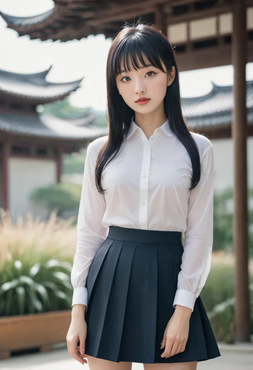 A girl takes a picture,Close-up shot of a woman wearing a new Chinese button-down skirt,She is posing for a picture, Princess cut bangs,Black Hair,Photorealism,masterpiece,best quality,high quality,Fine details,Be focused,4K,1 Girl, 1 girl,美丽的Face, Face, Holy Goddess, Ultra-high resolution,(Reality:1.4),(beautiful girl:1.4),(Urzang-6500-V1.1:0.3)