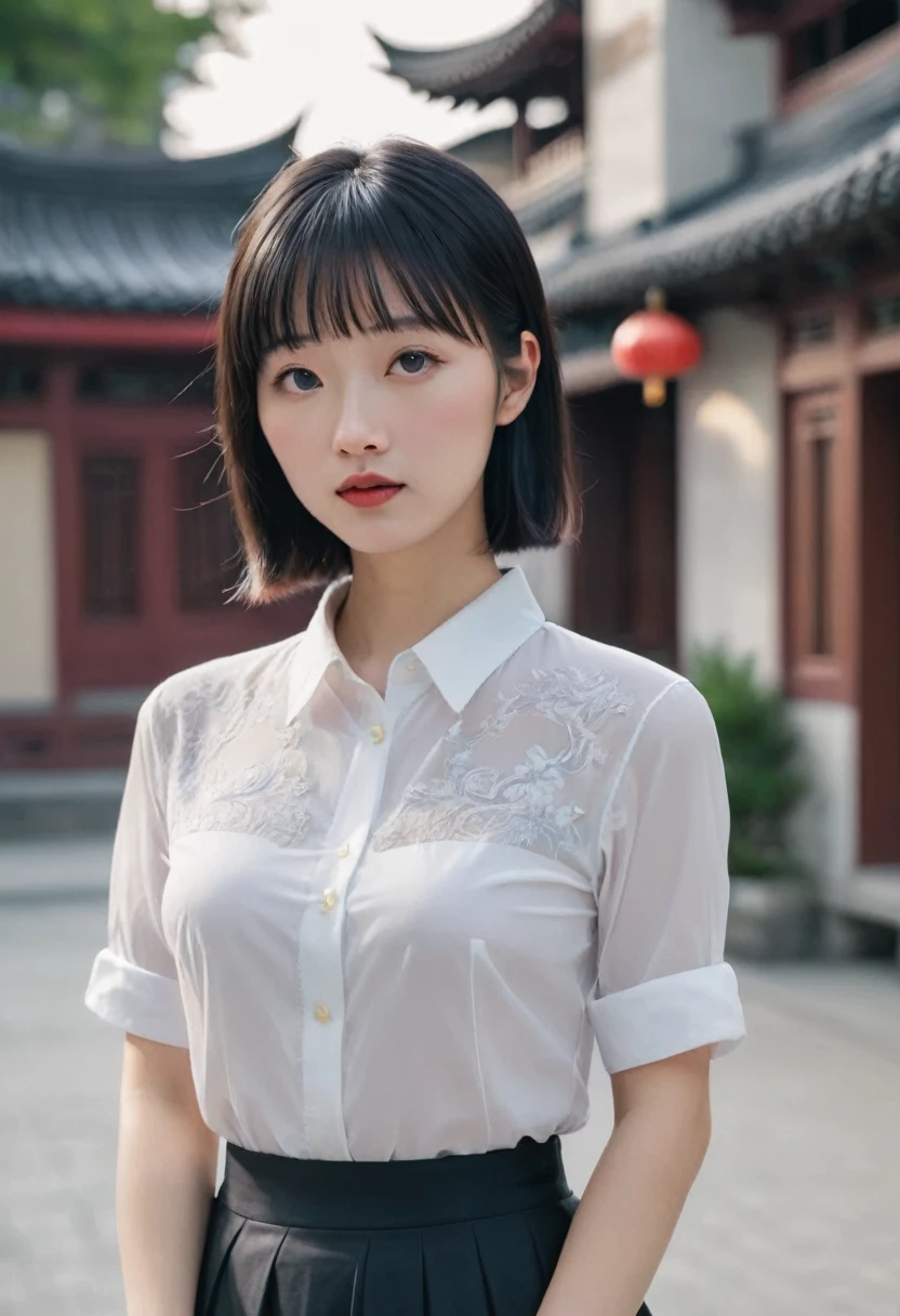 A girl takes a picture,Close-up shot of a woman wearing a new Chinese button-down skirt,She is posing for a picture, Princess cut bangs,Black Hair,Photorealism,masterpiece,best quality,high quality,Fine details,Be focused,4K,1 Girl, 1 girl,美丽的Face, Face, Holy Goddess, Ultra-high resolution,(Reality:1.4),(beautiful girl:1.4),(Urzang-6500-V1.1:0.3)