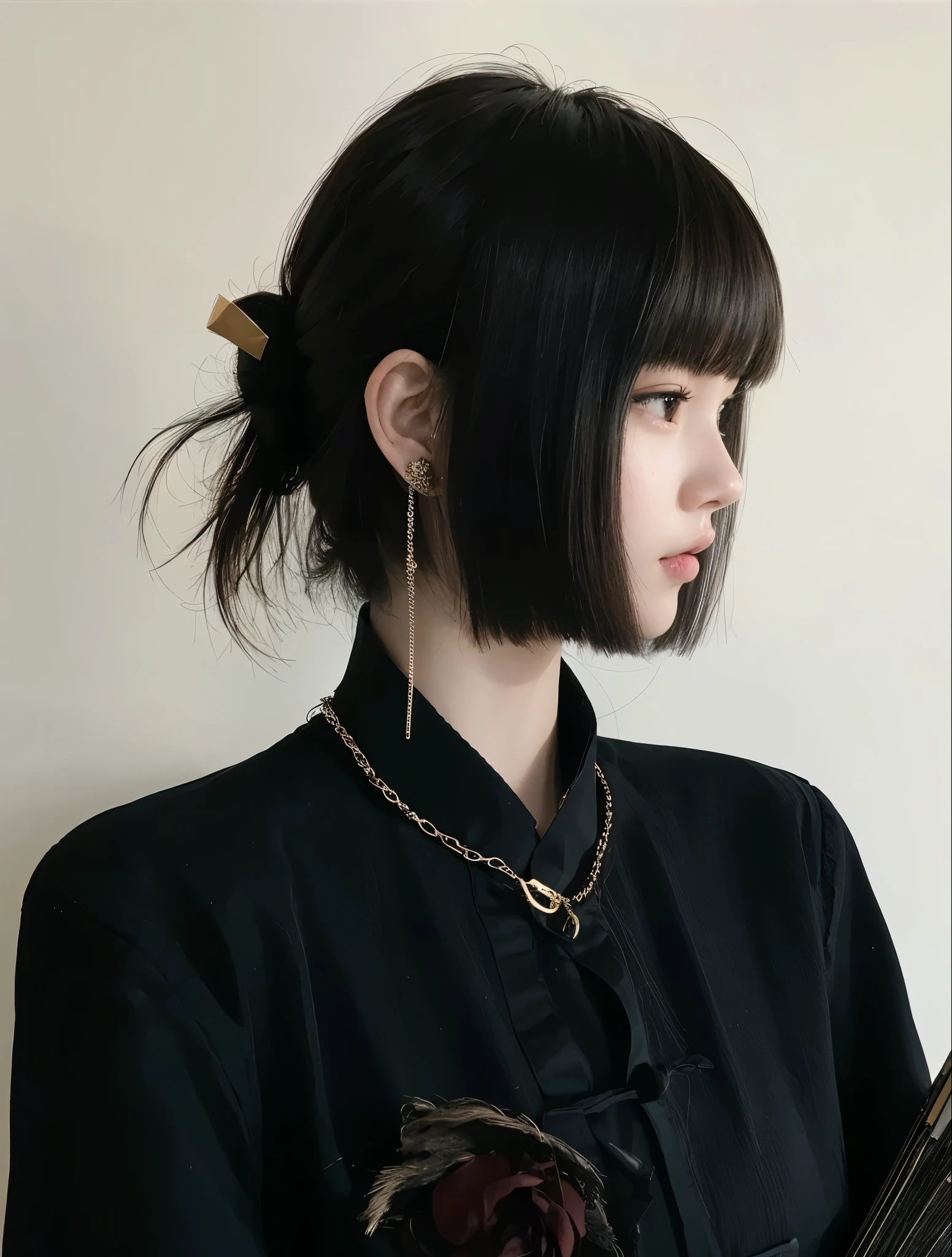 A girl takes a picture，Close-up shot of a woman wearing a new Chinese button-down skirt，She is posing for a picture, Princess cut bangs，Black Hair，Photorealism，masterpiece，best quality，high quality，Fine details，Be focused，4K，1 Girl， 1 girl，美丽的Face， Face， Holy Goddess， Ultra-high resolution，（Reality：1.4），（beautiful girl：1.4），（Urzang-6500-V1.1：0.3）