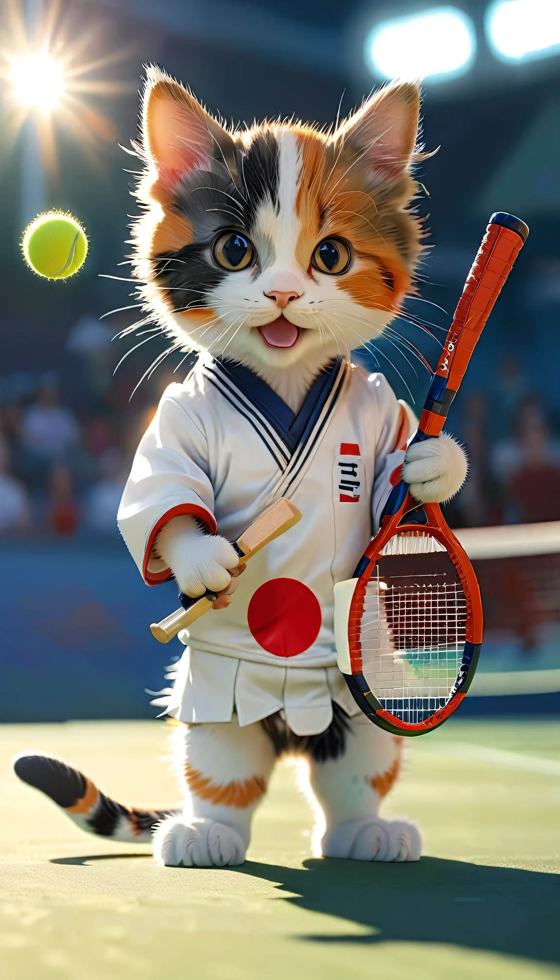 ((8k)), highest quality, 超High resolution, (High resolution), A calico kitten is playing tennis wearing the uniform of the Japanese national tennis team, Holding a tennis racket, Hitting the ball with a tennis racket, Tennis court, Loud cheers from the audience