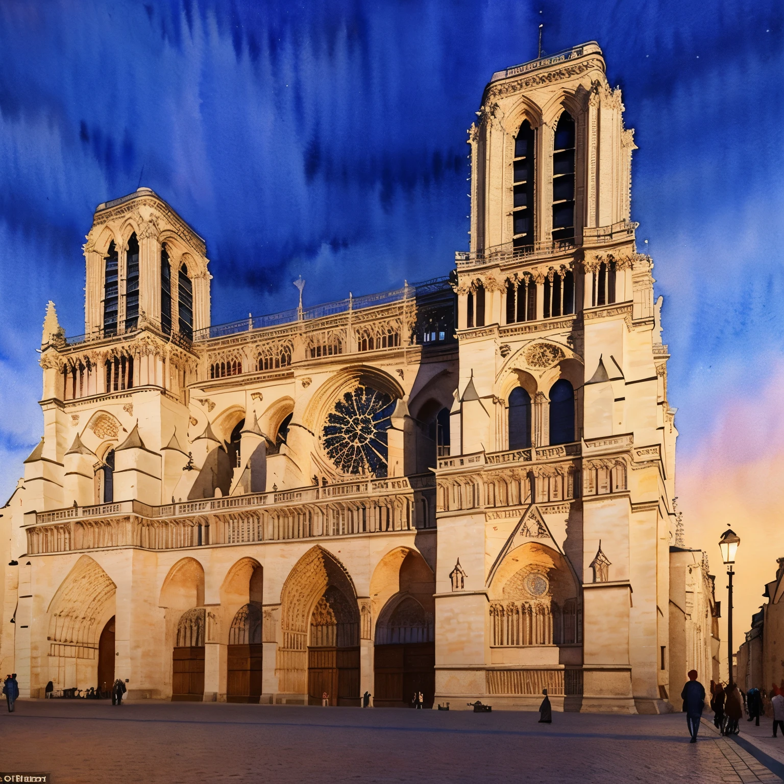 (masterpiece:1.2, Highest quality),(Very detailed),(((watercolor))),8k,wallpaper,Landscape of France,Notre Dame Cathedral,night,(((透明watercolor)))