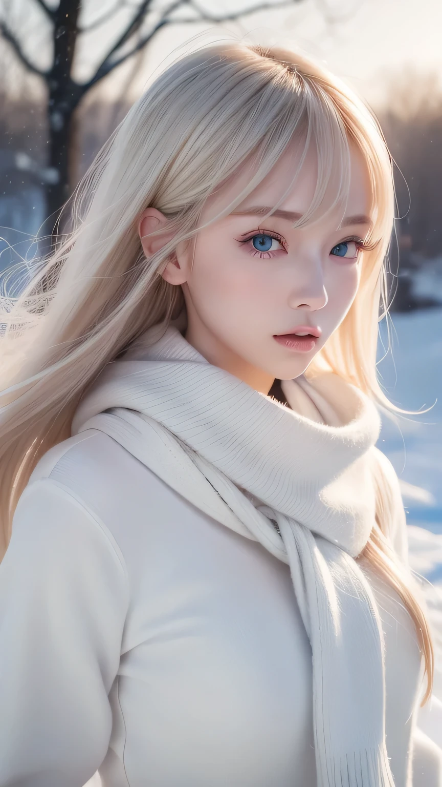 alone, very beautiful nordic girl、Shiny light blonde hair, Beautiful super long straight dazzling blonde hair fluttering in the strong wind,Long bangs obstruct the view、 Very large eyes are pale sky blue, Detailed face, White and beautiful skin、Cheek gloss highlighter、Mittens, White scarf, whole body, Snow Forest, Attractive areas, (Blushing your nose, Heavy breathing:1.1), (dark:1.4)