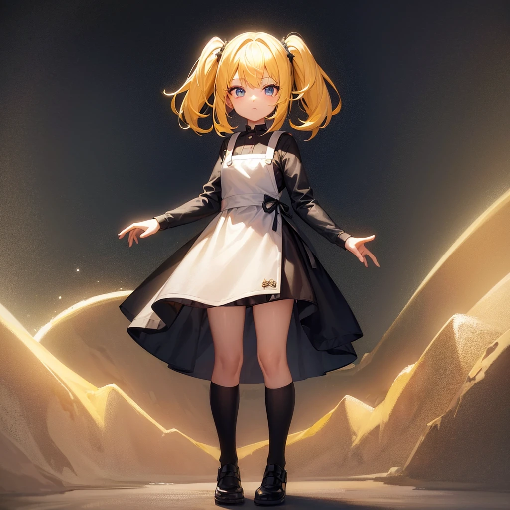 ((Adventurer)),mini skirt,(Apron dress),Cute little ,Tiny ,Small girl,,Childish face, Very fine clean face,Top quality,Straight Hair,Yellow hair,(Dark Room), Subtle Light, Natural light,Soft lighting,Light from directly behind,(Open your hands), (Are standing),Front view,Black background
