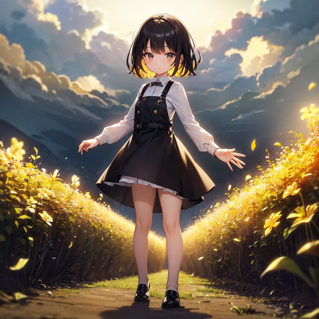 ((Adventurer)),mini skirt,(Apron dress),Cute little ,Tiny ,Small girl,,Childish face, Very fine clean face,Top quality,Straight Hair,Yellow hair,(Dark Room), Subtle Light, Natural light,Soft lighting,Light from directly behind,(Open your hands), (Are standing),Front view,Black background