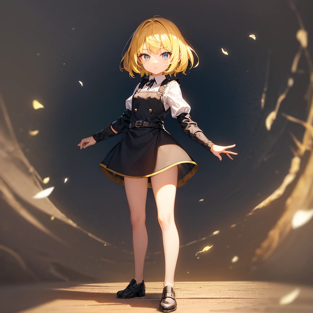((Adventurer)),mini skirt,(Apron dress),Cute little ,Tiny ,Small girl,,Childish face, Very fine clean face,Top quality,Straight Hair,Yellow hair,(Dark Room), Subtle Light, Natural light,Soft lighting,Light from directly behind,(Open your hands), (Are standing),Front view,Black background