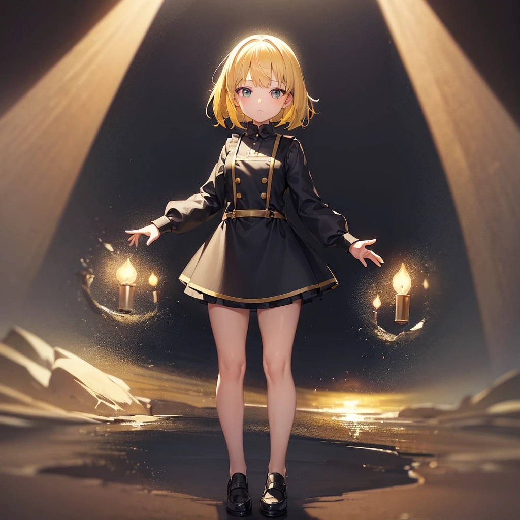 ((Adventurer)),mini skirt,(Apron dress),Cute little ,Tiny ,Small girl,,Childish face, Very fine clean face,Top quality,Straight Hair,Yellow hair,(Dark Room), Subtle Light, Natural light,Soft lighting,Light from directly behind,(Open your hands), (Are standing),Front view,Black background