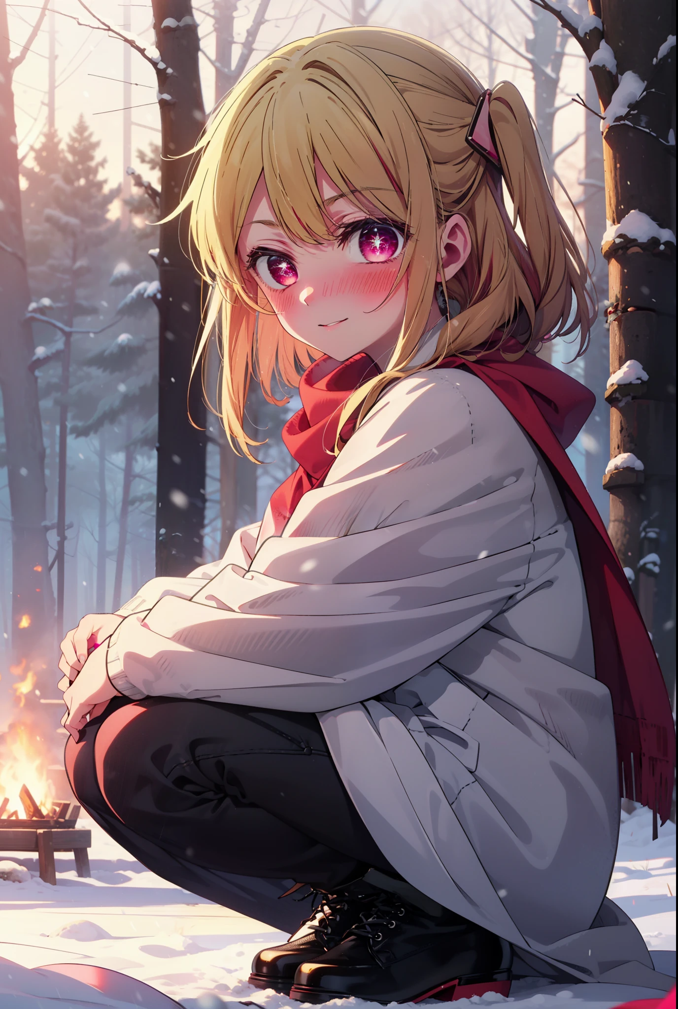 rubyhoshino, Hoshino Ruby, Long Hair, bangs, blonde, (Pink Eyes:1.3), Side Lock, (Symbol-shaped pupil:1.5), Multicolored Hair, Two-tone hair, smile,,smile,blush,white breath,
Open your mouth,snow,Ground bonfire, Outdoor, boots, snowing, From the side, wood, suitcase, Cape, Blurred, , forest, White handbag, nature,  Squat, Mouth closed, Cape, winter, Written boundary depth, Black shoes, red Cape break looking at viewer, Upper Body, whole body, break Outdoor, forest, nature, break (masterpiece:1.2), Highest quality, High resolution, unity 8k wallpaper, (shape:0.8), (Beautiful and beautiful eyes:1.6), Highly detailed face, Perfect lighting, Extremely detailed CG, (Perfect hands, Perfect ???????),