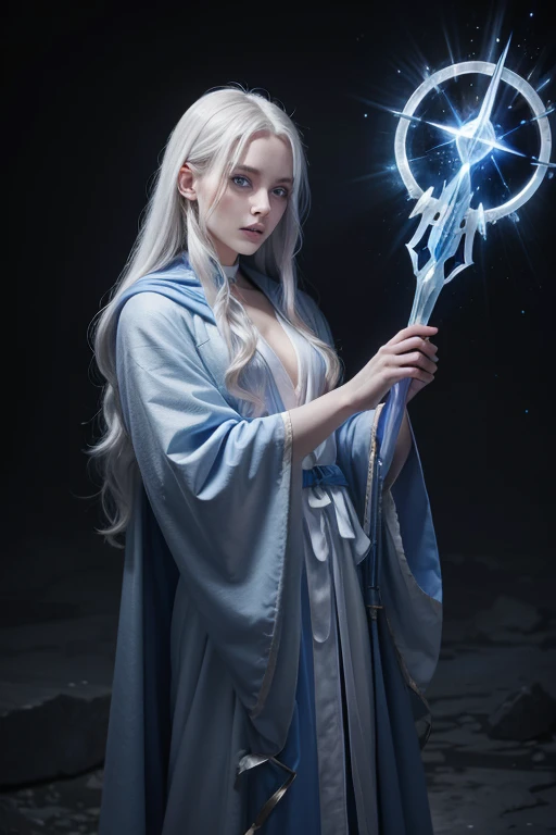 Pale mage with sapphire blue eyes and long white hair with an ice staff and wearing a dark blue robe