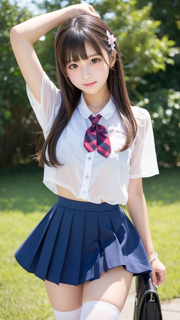 two girls standing in the park,Plain white school gym shirt with navy blue trim,Navy blue speed briefs,Red headband,White headband,18-year-old,bangs,A small smile,Thighs,knees,Straight hair with barrette,From below,Front light, White panties visible through the skirt、Lift the hem of your skirt with both hands to reveal your panties、Are thin、slender