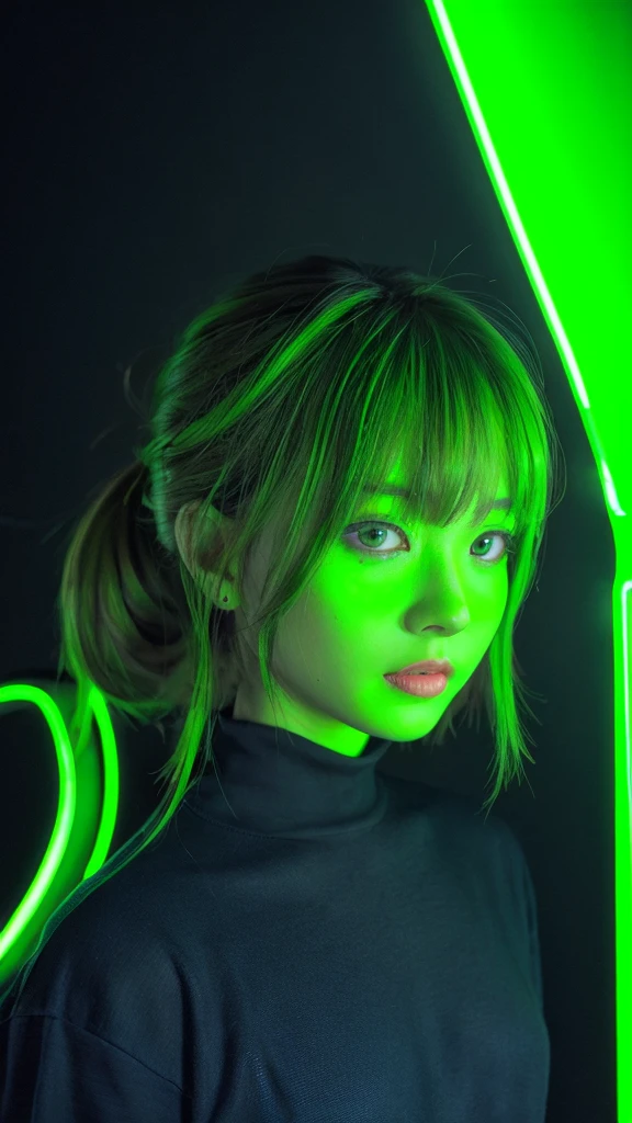 (Neon Green Theme:1.2), head of'artwork, la plus haute qualité, 4K, (Photorealistic), bokeh, clarification,(1 portrait parfait d'une fille), (Un œil fascinant pour des détails parfaits:1.2), colored hair, (layered hair), (soft neon green hair:1.6), (cat ear:1.2), fond fantastique, (exposed bare shoulders), (Sleeve d'long-term alienation), (lean forward a little), head tilt, (Cinema lighting:1.2), oversized clothes, (seductive pose:1.4), (neon green background:1.6), beaux yeux verts, toe,