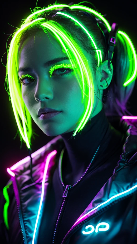 (Neon Green Theme:1.2), head of'artwork, la plus haute qualité, 4K, (Photorealistic), bokeh, clarification,(1 portrait parfait d'une fille), (Un œil fascinant pour des détails parfaits:1.2), colored hair, (layered hair), (soft neon green hair:1.6), (cat ear:1.2), fond fantastique, (exposed bare shoulders), (Sleeve d'long-term alienation), (lean forward a little), head tilt, (Cinema lighting:1.2), oversized clothes, (seductive pose:1.4), (neon green background:1.6), beaux yeux verts, toe,