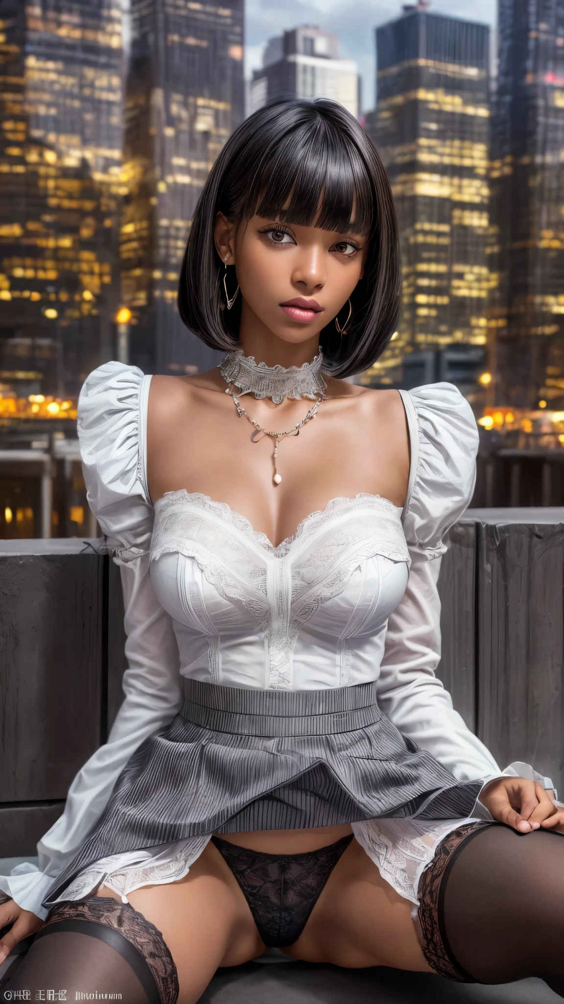 Black women、Dark skin color、Spread your legs、Earrings、necklace、White shirt with puff sleeves and collar、((flare skirt))、(Thigh-high stockings)、((Lace panties are visible))、Big Breasts、((Bowl Cut Hair))、((Straight Hair))、(blunt bangs)、(New York Cityscape)、Very beautiful woman、Slender women、(Detailed face)、Realistic Skin、((Delicate photo))，(Girl Masterpiece RAW Photo Details:1.25), (Highest quality:1.6), (Ultra-high resolution:1.5), (Realistic:1.75), 8k resolution, Canon EOS R5, 50mm, Absurd, Ultra-detailed,Cinema Lighting、
