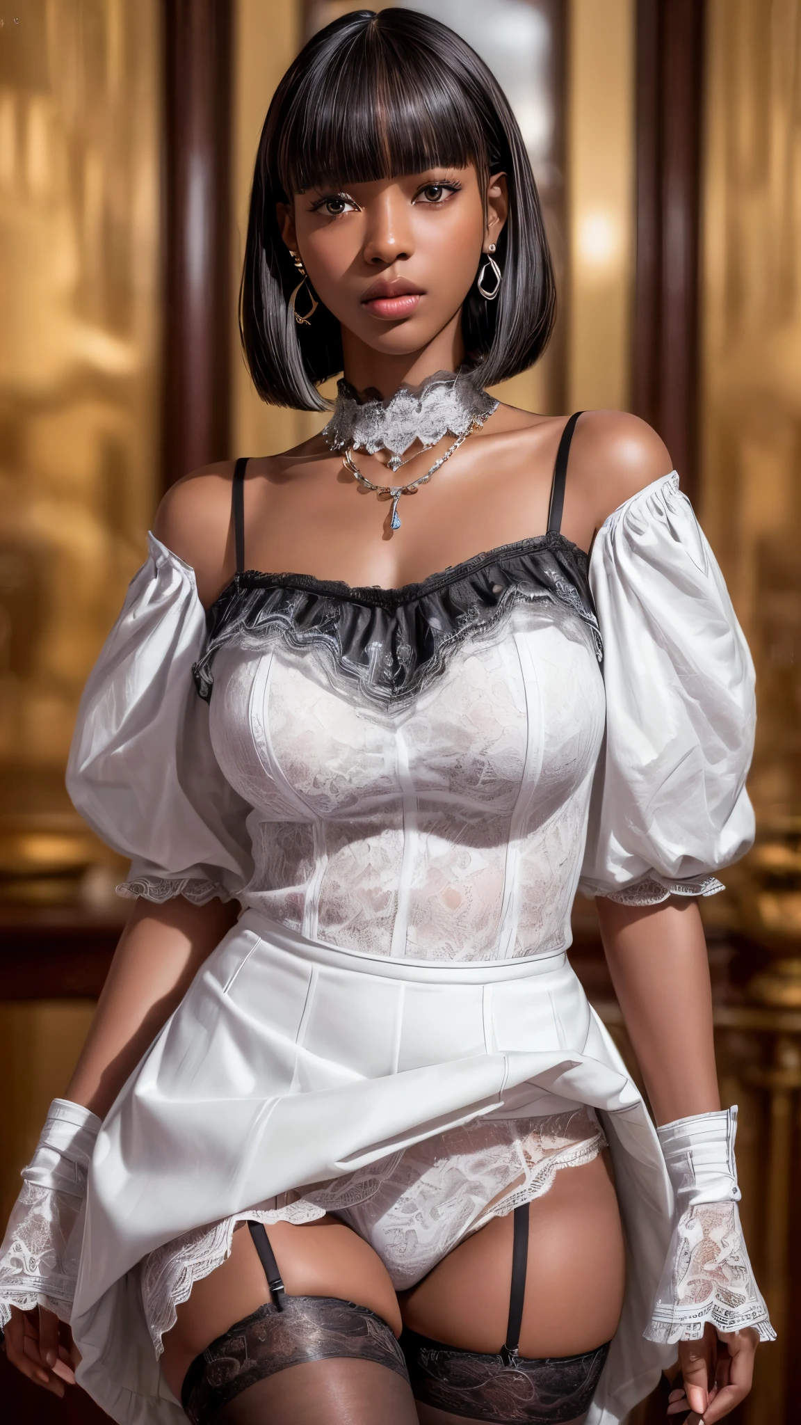 Black women、Dark skin color、Spread your legs、Earrings、necklace、White shirt with puff sleeves and collar、((flare skirt))、(Thigh-high stockings)、((Lace panties are visible))、Big Breasts、((Bowl Cut Hair))、((Straight Hair))、(blunt bangs)、(New York Cityscape)、Very beautiful woman、Slender women、(Detailed face)、Realistic Skin、((Delicate photo))，(Girl Masterpiece RAW Photo Details:1.25), (Highest quality:1.6), (Ultra-high resolution:1.5), (Realistic:1.75), 8k resolution, Canon EOS R5, 50mm, Absurd, Ultra-detailed,Cinema Lighting、
