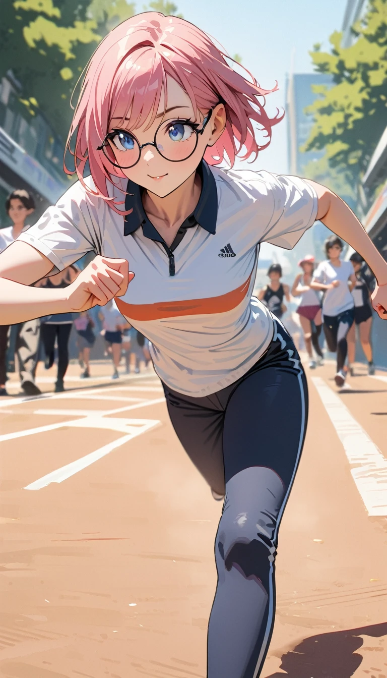 23 years old ,masterpiece , Modern, Verism, masterpiece, Super Detail, Highest quality, 4K , Pink Hair,Round Glasses,Short Bob、Beautiful woman , ((running))