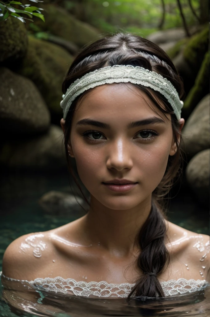 Best Quality, masterpiece, super high resolution, A super model submerged in hot springs in Japan., outdoor hot springs, stone hot springs, surrounded by moss and trees, super beautiful face, pure body, clear pores visible, (smile:0.8), using division (lace headband:1.2), (Realism:1.5), Photo original, soaked body, covered in sweat, bare shoulders, In the dark, deep shadows, low key, cold light