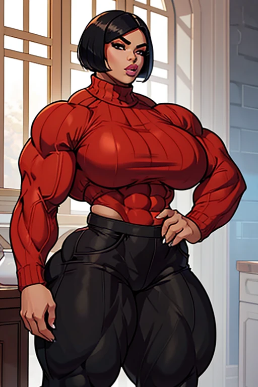 23 yo arabic perfect woman on steroids, large silicon lips, huge full lips with oversized fillers, huge bulging muscular body, massive quads & traps, massive female bodybuilder with hypermuscular bulging body, veiny vascular, short straight black bob haircut, hypermuscular body, enormous muscle mass, wearing trousers, tight white turtleneck sweater