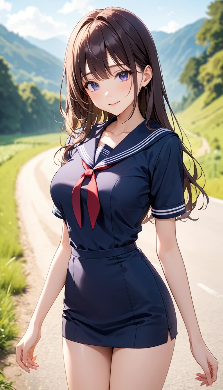 高いquality illustration, masterpiece, Very delicate and beautiful, Attractive girl,(Black Sailor Suit),thin,Slender body,slim、Country road background,Princess, Beautiful Eyes,smile,(masterpiece, Highest quality:1.2), High resolution, Very detailed CG ユニティ 8k 壁紙, Perfect lighting, colorful, 超High resolution,4K,Very detailed, photograph, 8k, High resolutionolution, 、Big Breasts