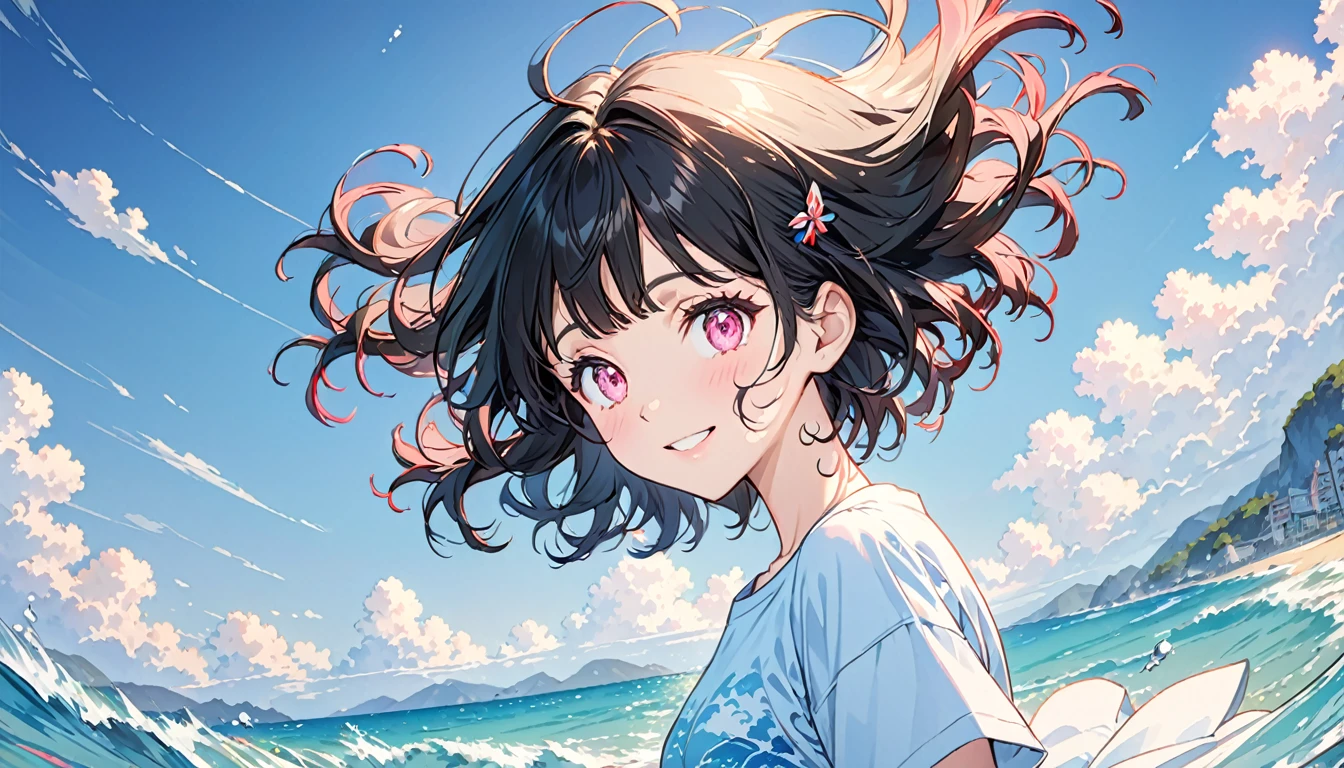 {{{{masterpiece}}}}, {{{Super detailed}}}, {{{high resolution}}}, {{good anatomy}}, (((best quality))), ((ocean theme,blue theme,anime style,anime girl)),(((pink eyes,black hair))),(big perfect eyes),(from side),(((t-shirt:dark blue))), hairclip, {8k cg wallpaper}, {{illustration,zoom in,focus on face,close-up shot}},((floating hair|blunt bangs|short hair|natural curly perm)),smile,(1girl:1), solo,alone,(Color difference:1.2),pleased smile,blushing,neat face,(medium breasts),((The details are complex、Shallow depth of field、movie lighting、Reflectors、a Canon EOS R5、50mm lens、f / 2.8、shot at 8k resolution))
