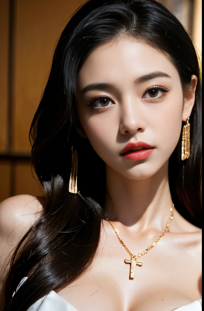 (masterpiece:1.3), (8 thousand, realistic, RAW photos, best quality: 1.4), (1 woman),(very sexy), (Beautiful makeover), (유난히 아름다운 realistic 얼굴), (Build a beautiful body) , (long eyelashes), (double eyelid), (black hair. parted, long hair:1.3), (아름다운 parted스타일), (Realistic and truly beautiful and delicate eyes), (beautiful and big breasts), (realistic and beautiful skin), (absurd), (attractive), (ultra high resolution), (extremely realistic), (very detailed), (golden ratio), (necklace), (earring), (So beautiful and sexy)