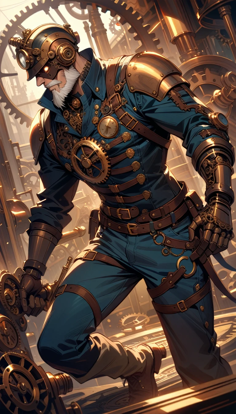 ((best quality)) , ((masterpiece)) , (detailed)，1boy, male focus, solo, shirt, helmet, pants, denim, armor, facial hair, blue pants, gloves, beard, jeans, holding,(((steampunk style  . antique, mechanical, brass and copper tones, gears, intricate, detailed)))