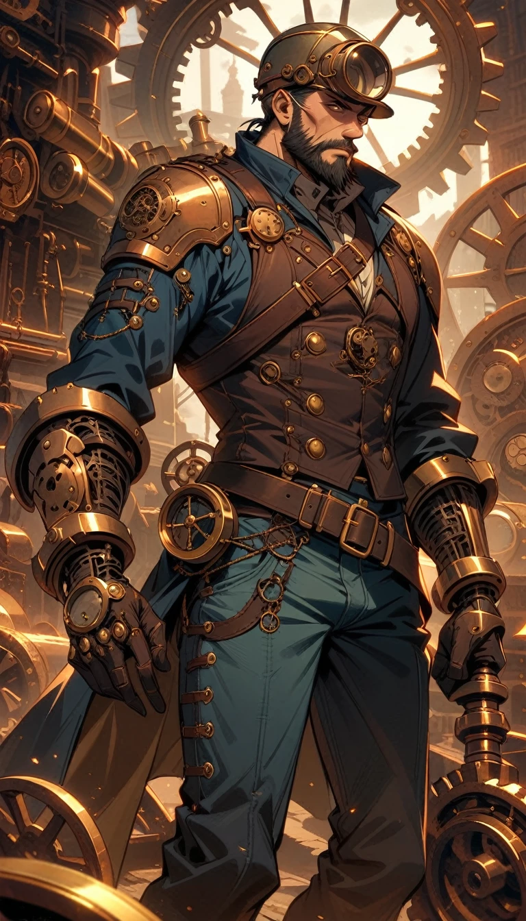 ((best quality)) , ((masterpiece)) , (detailed),1boy, male focus, solo, shirt, helmet, pants, denim, armor, facial hair, blue pants, gloves, beard, jeans, holding,(((steampunk style . antique, mechanical, brass and copper tones, gears, intricate, detailed)))