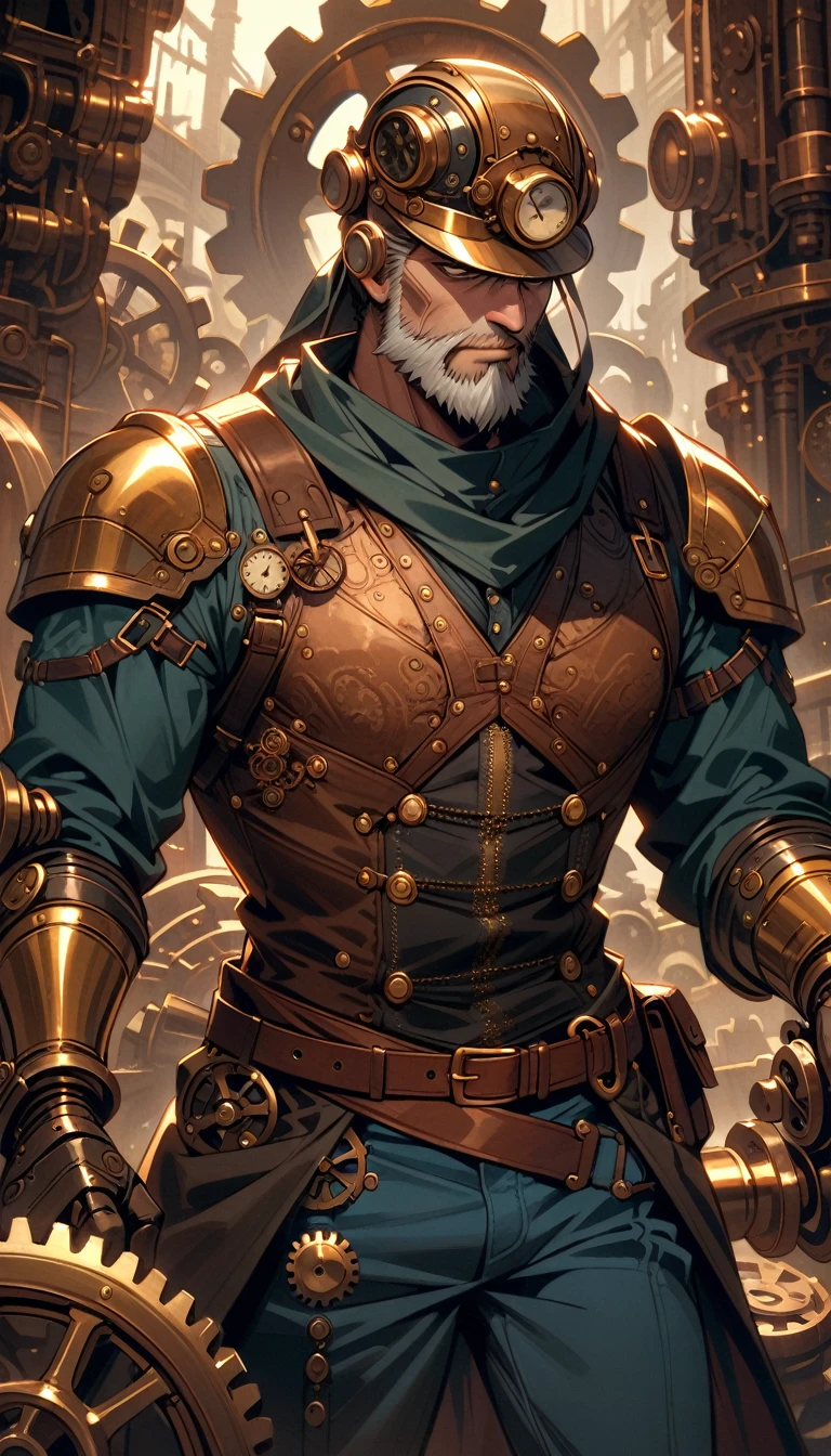 ((best quality)) , ((masterpiece)) , (detailed),1boy, male focus, solo, shirt, helmet, pants, denim, armor, facial hair, blue pants, gloves, beard, jeans, holding,(((steampunk style . antique, mechanical, brass and copper tones, gears, intricate, detailed)))