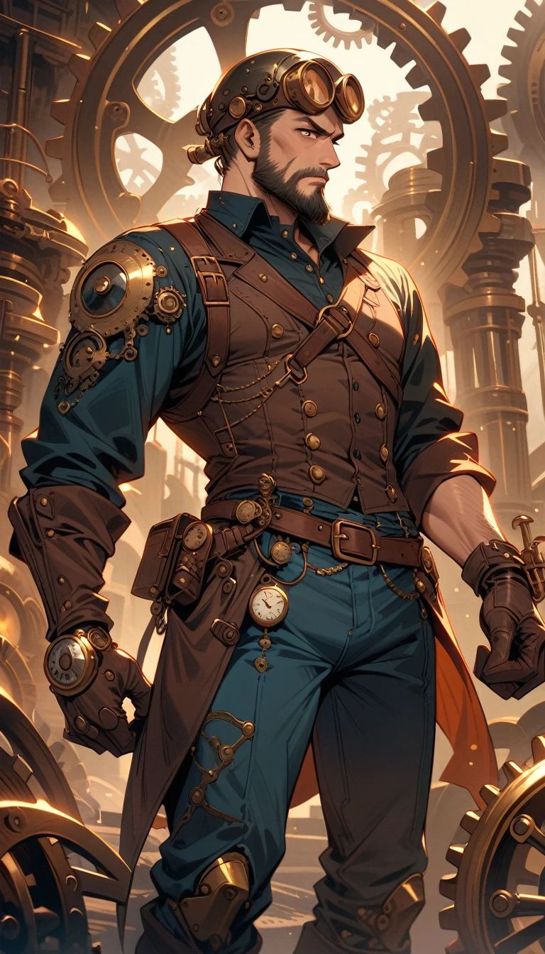 ((best quality)) , ((masterpiece)) , (detailed),1boy, male focus, solo, shirt, helmet, pants, denim, armor, facial hair, blue pants, gloves, beard, jeans, holding,(((steampunk style . antique, mechanical, brass and copper tones, gears, intricate, detailed)))