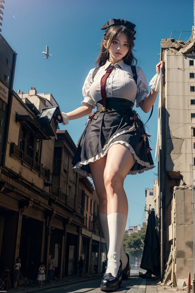 Fisheye Lens、The building collapses、Urban hustle and bustle、Traffic jam、City of Rubble、street tree、((((Azur Lane Cheshire))))、(((Maid clothes)))、(Super huge breasts)、(Plump thighs)、Ground View,City of Giants,500 foot tall giant girl,skyscraper,Has super long legs,Step into the crowd,There are many people on the street,((Knee-high socks))、loafers、,A happy look,Standing on the ruins,Beautiful appearance,Exquisite makeup,quality,8k,高quality,Perfect Proportions, Cinema Lighting,Film Grain,The Colors of Fuji,8k,Textured skin,Super Detail,High detail,high quality,High resolution,explode,False Smile,Show your pants