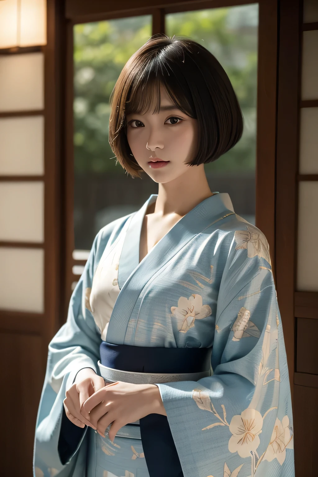 Top quality, masterpiece, HD, 1 Girl, Beautiful and perfect face, Bob Cut, Japanese clothing,kimono, Intricate details, Feeling, 8K, Very detailed