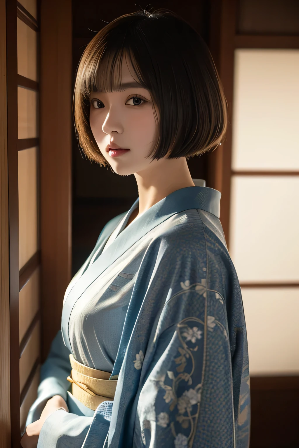 Top quality, masterpiece, HD, 1 Girl, Beautiful and perfect face, Bob Cut, Japanese clothing,kimono, Intricate details, Feeling, 8K, Very detailed  