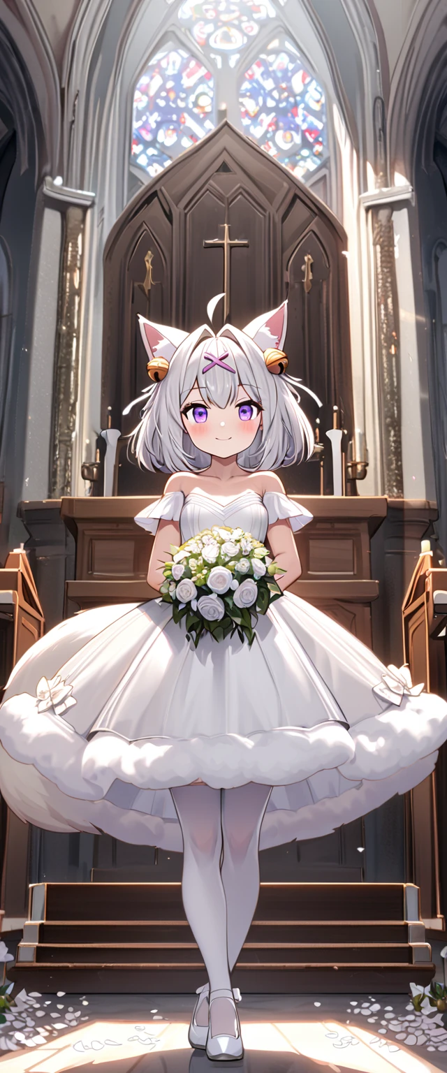 Church, infront of the altar, church isle, 1girl, solo, Filian, fluffy fox tail, small cat ears, white hair, short hair, ahoge, hairclip, hair bell, big purple eyes, slight blush, smiling, a-line wedding dress, white stockings, white shoes with heals, scattered white petals, full body pose, innocent pose, holding bridal bouquet