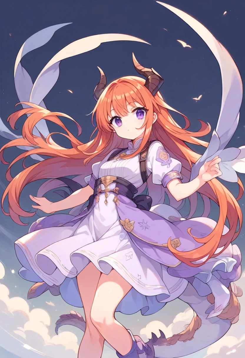 Long Hair, Redhead,,flight,Dragon Horn,Dragon Wing,Small breasts,Purple eyes, Minimalist, anime, Fantasy,