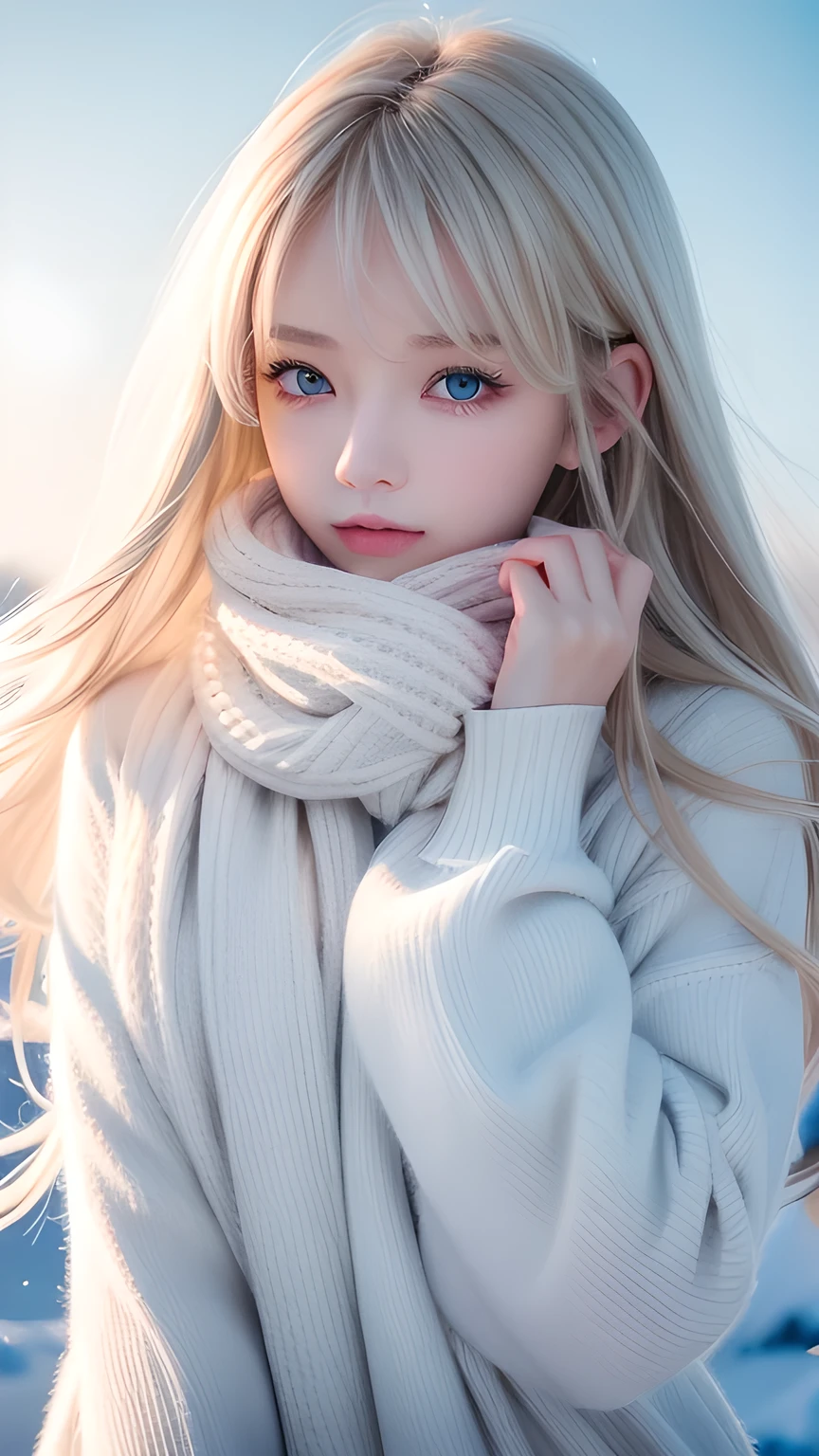 alone, very beautiful nordic girl、Shiny light blonde hair, Beautiful super long straight dazzling blonde hair fluttering in the strong wind,Long bangs obstruct the view、 Very large eyes are pale sky blue, Detailed face, White and beautiful skin、Cheek gloss highlighter、Mittens, White scarf, whole body, Snow Forest, Attractive areas, (Blushing your nose, Heavy breathing:1.1), (dark:1.4)