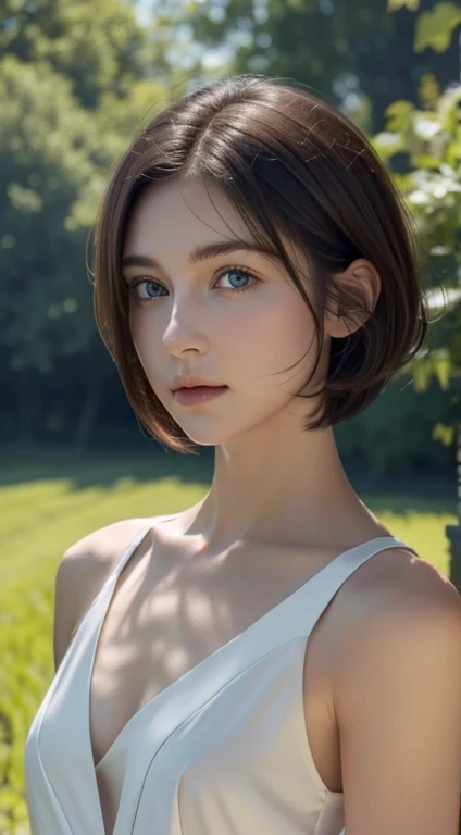 countryside風の服 :1.2, View your viewers, Cinema Lighting, perfection, Soft Light, High Resolution Skins:1.2, Realistic skin texture, 24-year-old female、Small Face、No makeup,Bust B cup、Small cleavage, blue eyes, short hair, Dark brown hair、countryside、