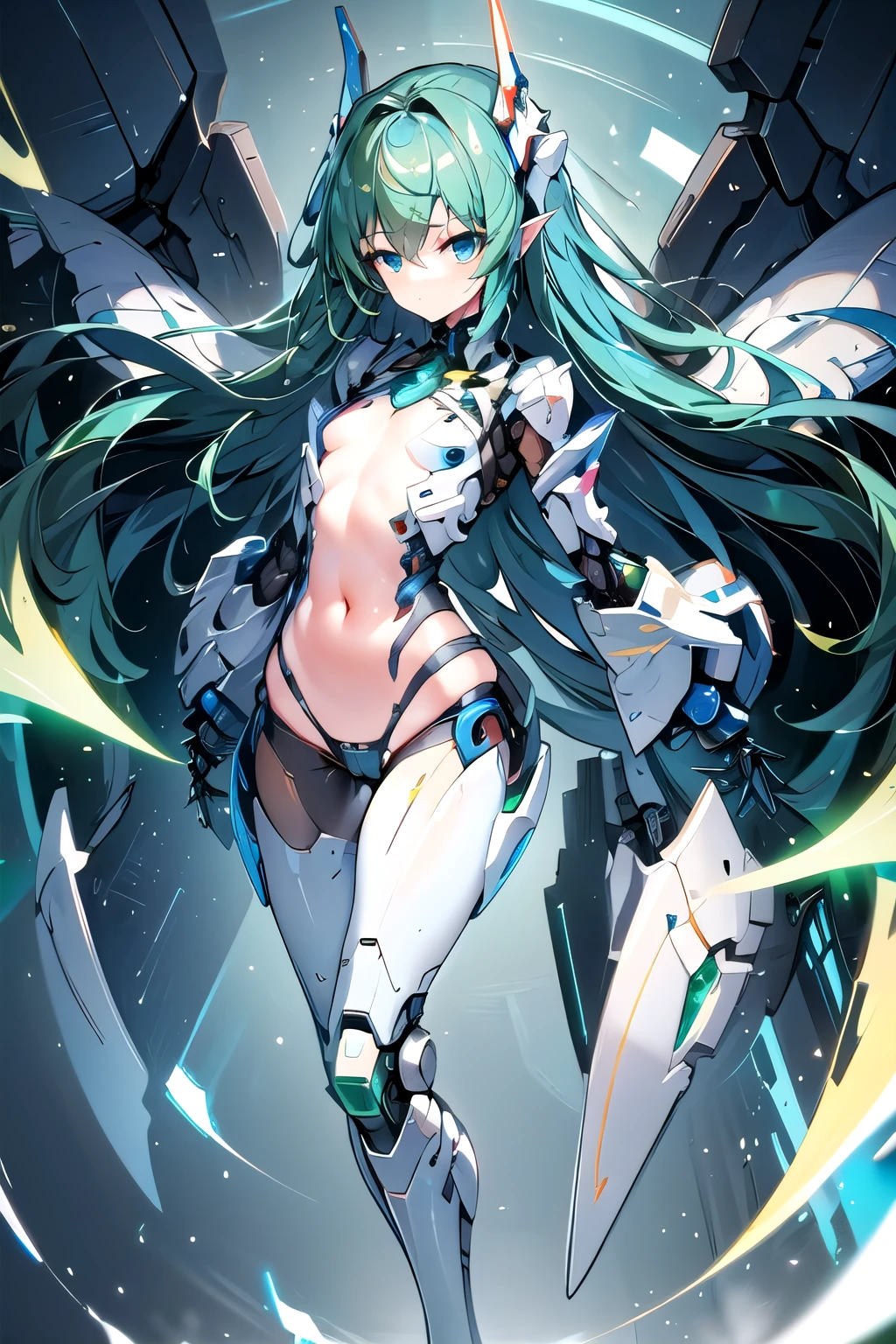 Emerald hair、Long Hair、Blue Eyes、Robot Girl、Arms are mechanical、Legs are mechanical、Modest chest、The mechanical wings are floating、Expressionless、Human-like appearance、The body line is clear、In space。Looking for someone。