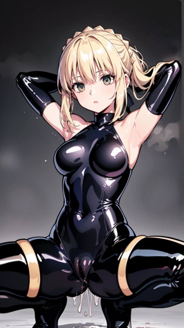 1 girl,Browsing Caution,Artoria Pendragon ,(destiny\), clavicle, Glowing red eyes,Absurd, Hollow Eyes,Hollow Eyes, Huge breasts,Emotional erasure, Expressionless,(((Black latex tight bodysuit))),((avert your eyes)) , 背面shape, ((Squat,Spread your legs, Place your arms behind your head,Underbutt)), (Highest quality、4K、8k、High resolution、Must have:1.2)、Very detailed、(reality、reality的、reality的:1.37)、Ticker、Hyper HD、Studio Lighting、Ultra High Definition Paint、Sharp focus、Physically Based Rendering、Very detailedな、Professional specifications、Vibrancy and color、Blurred、Sports portrait、landscape、Horror Style、Anime Big 、sf、photograph、Concept Artist、Five Fingers, Perfect body, {{{masterpiece}}}, {{{Highest quality}}}, {{Very detailed}}, {shape}, {{Very delicate and beautiful}},Promoting cost performance、All Roles、Canon 5D MK4でphotograph、photograph, (Pussy juice)