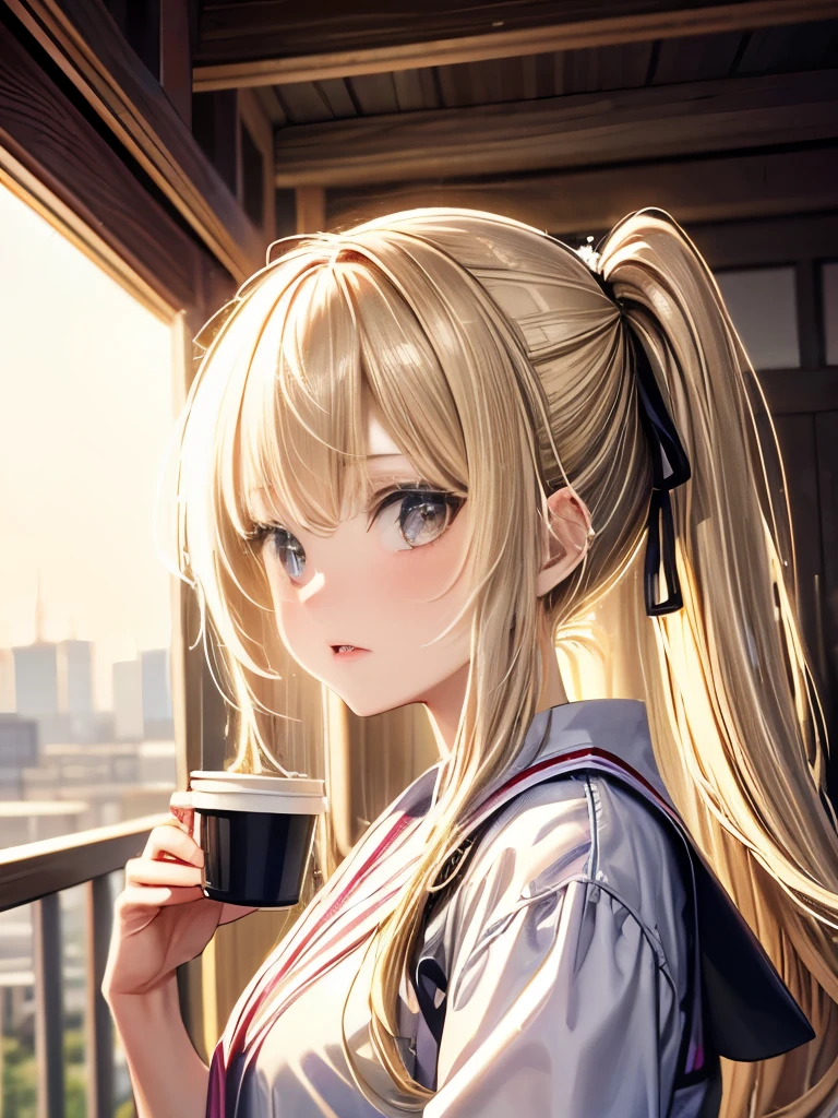 A young girl is holding a coffee cup in her hand, Girl cute beautiful face, Cute natural anime face, With a cute - lovely - face, sakimi chan, Chiho, Yoshitomo Nara, Young and pretty face, Beautiful Japanese girl face, 茶色の髪とBig eyes, pretty girl, Beautiful light、Big eyes