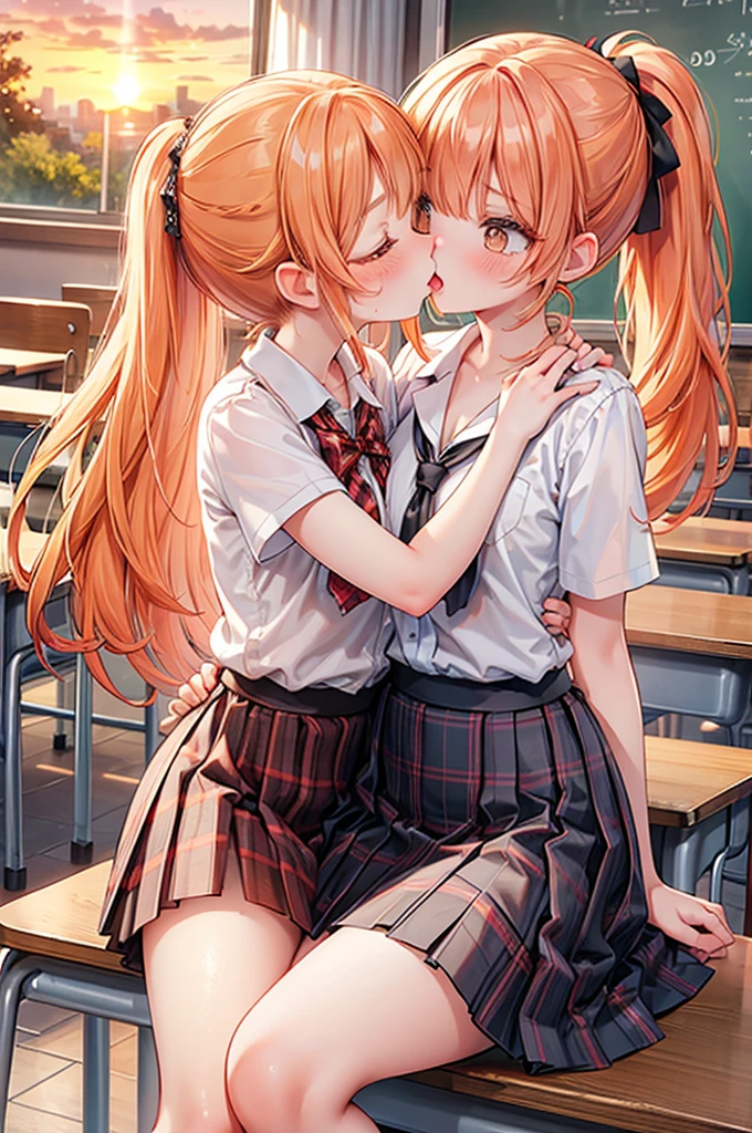 masterpiece, best quality, nsfw,
2girl, kiss,
summer , plaid skirt, orange hair, ponytail, embarrassed face,
classroom, sunset,