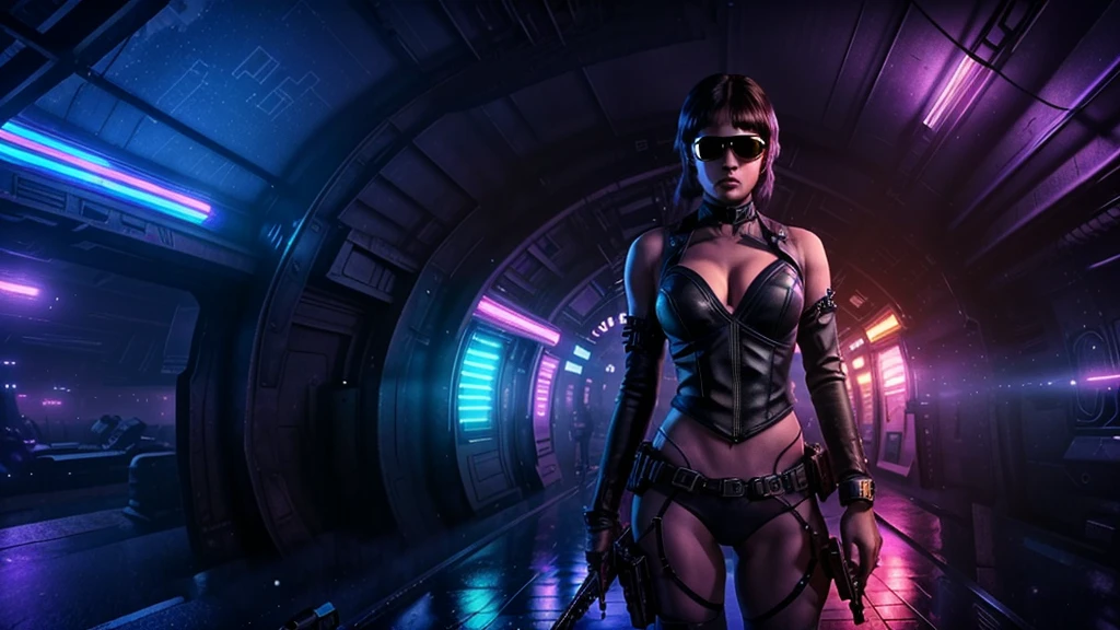 at night. futuristic railway station, neon-themed artwork with vibrant purple and blue colors, intense neon lights illuminating the entire scene, a dense layer of mist creating a dreamy atmosphere, a captivating and mesmerizing background with intricate details, a gaming-inspired theme with RGB lighting effects. (((1girl, solo, alone))), female assassin, large-breast:1.4 slim:0.8 body, medium hair, cleavage:1.1, sexy micro laced lingerie, (black sunglasses), (((((she raised a pistol:1.8 and shot the viewer))))), standing pose, ((half-body thigh:0.95 level medium shot)), cinematic lighting, lens flare, ray tracing.