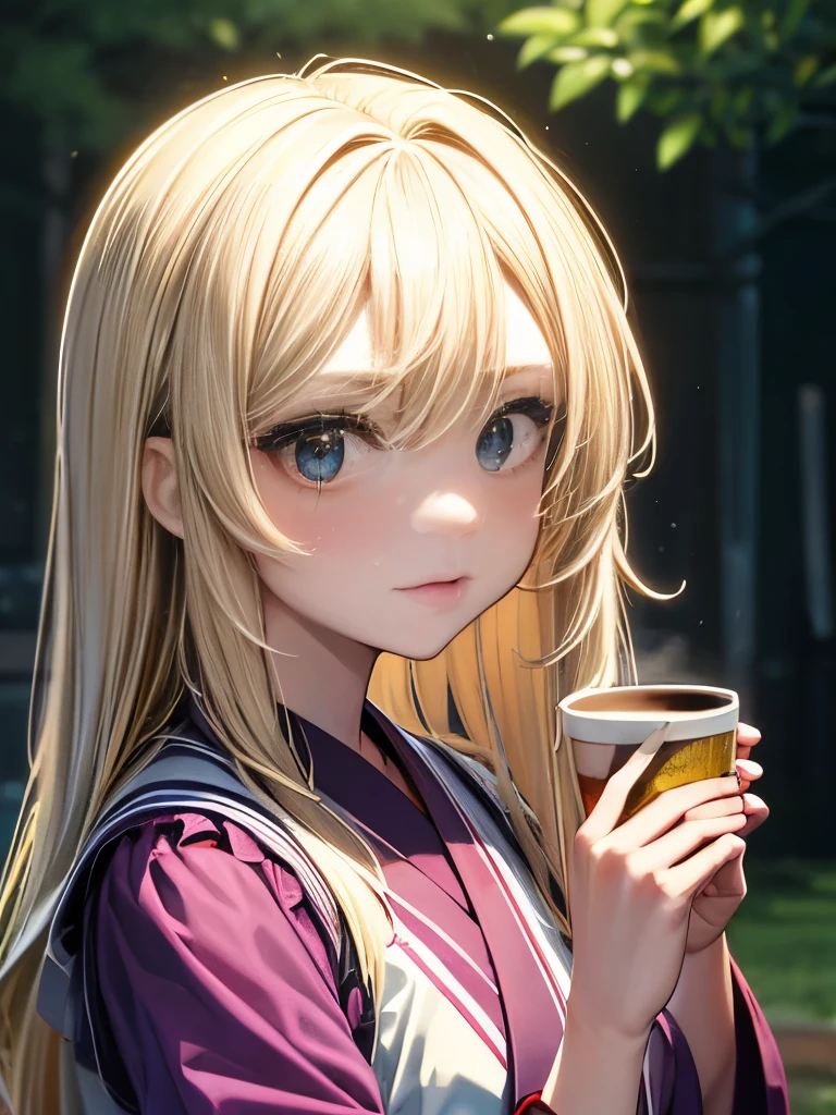 A young girl is holding a coffee cup in her hand, Ultra high definition, Girl cute beautiful face, Cute natural anime face, With a cute - lovely - face, sakimi chan, Chiho, Yoshitomo Nara, Young and pretty face, Beautiful Japanese girl face, 茶色の髪とBig eyes, pretty girl, Beautiful light, Big eyes, 8k wallpaper,