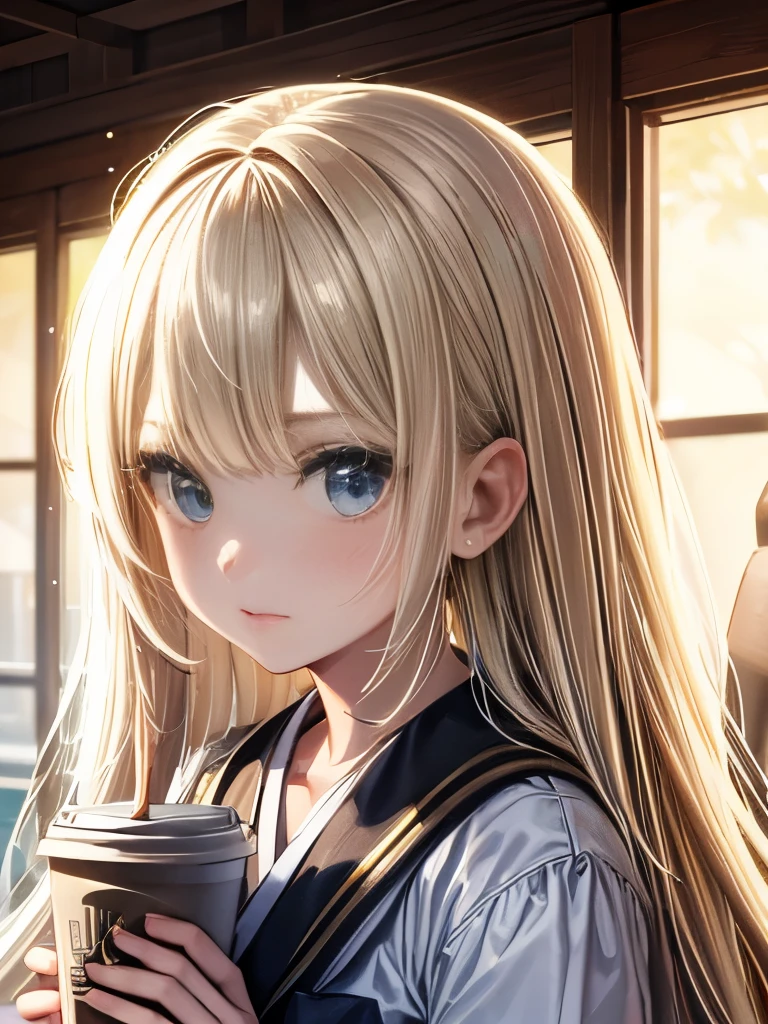 A young girl is holding a coffee cup in her hand, Ultra high definition, Girl cute beautiful face, Cute natural anime face, With a cute - lovely - face, sakimi chan, Chiho, Yoshitomo Nara, Young and pretty face, Beautiful Japanese girl face, 茶色の髪とBig eyes, pretty girl, Beautiful light, Big eyes, 8k wallpaper,