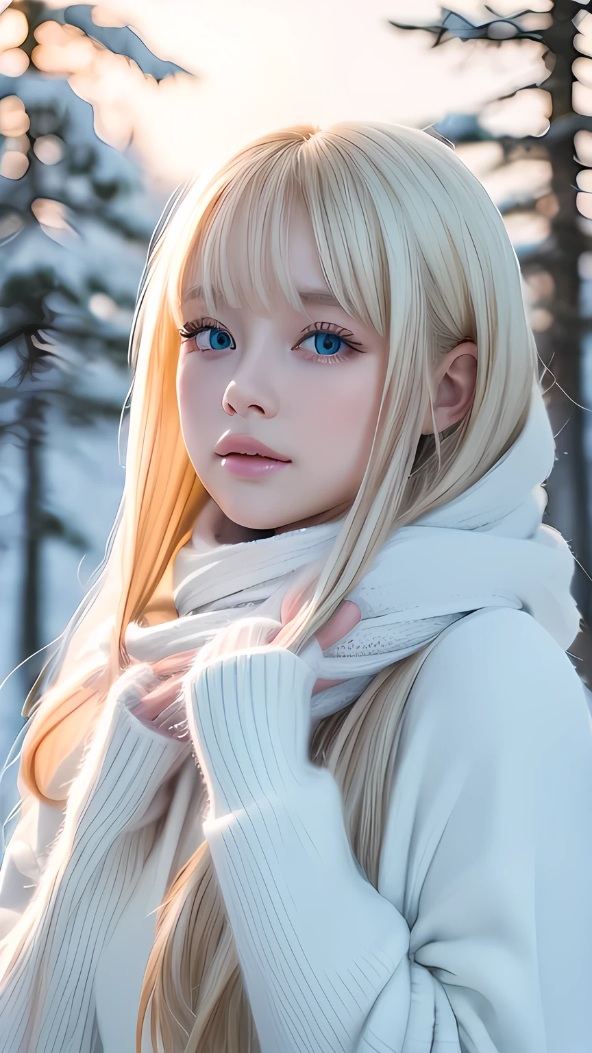 alone, very beautiful nordic girl、Shiny light blonde hair, Beautiful super long straight dazzling blonde hair fluttering in the strong wind,Long bangs obstruct the view、 Very large eyes are pale sky blue, Detailed face, White and beautiful skin、Cheek gloss highlighter、Mittens, White scarf, whole body, Snow Forest, Attractive areas, (Blushing your nose, Heavy breathing:1.1), (dark:1.4)