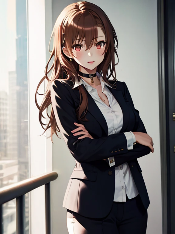 suit, Court, court, lawyer, Misaka Mikoto, 1girl, black choker, uhd, retina, masterpiece, ccurate, anatomically correct, textured skin, super detail, high details, high quality, best quality, highres, 4K