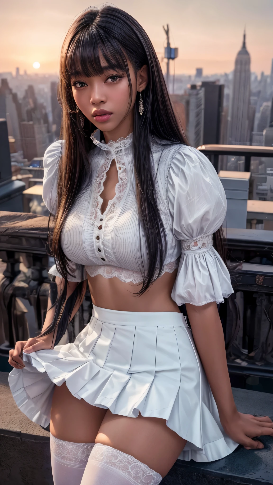 Black women、Dark skin color、windy Skirt、White shirt with puff sleeves and collar、((Tight mermaid skirt))、(Lace thigh-high stockings)、Big Breasts、((Straight Hair))、(short blunt bangs)、(New York Cityscape)、Very beautiful woman、Slender women、(Detailed face)、Realistic Skin、((Delicate photo))，(Girl Masterpiece RAW Photo Details:1.25), (Highest quality:1.6), (Ultra-high resolution:1.5), (Realistic:1.75), 8k resolution, Canon EOS R5, 50mm, Absurd, Ultra-detailed,Cinema Lighting、
