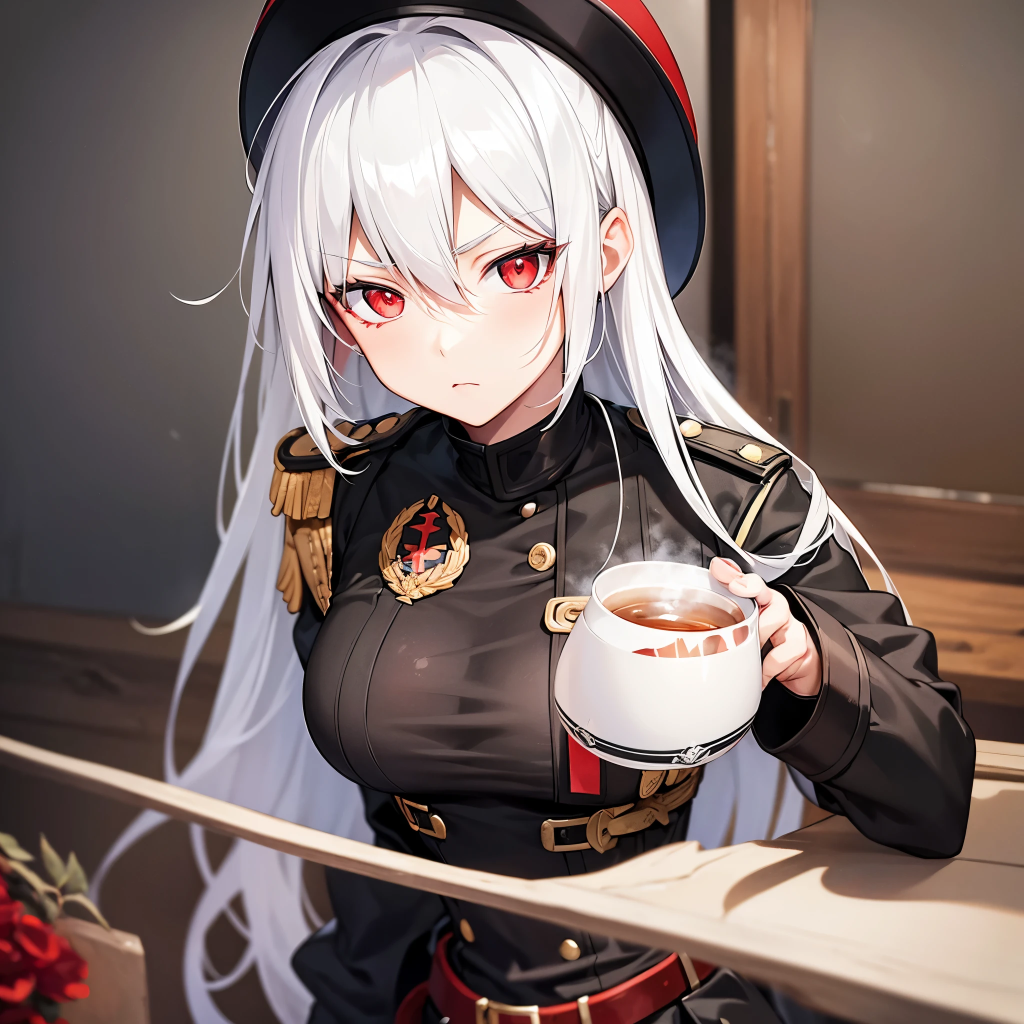 Black german world war 2 outfit, young 18 year old female, white hair, red eyes, serious expression, war background, anime style, sipping tea. 