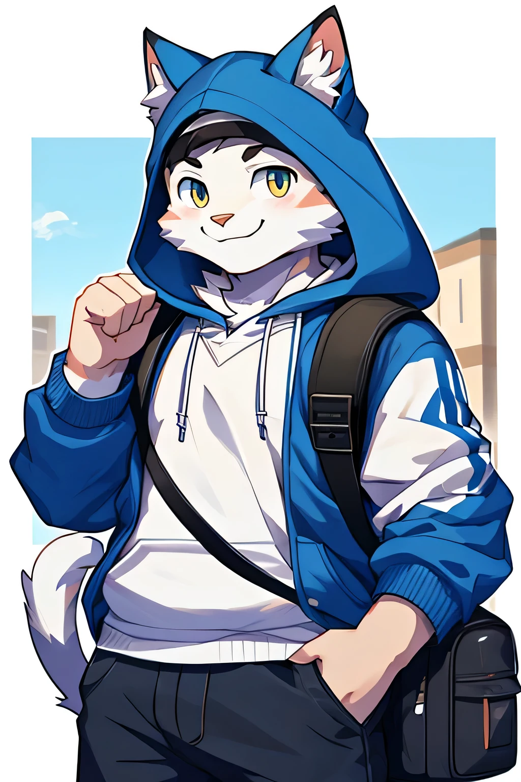hairy,1 boy, White cat fat boy,Blue hoodie,Young students, Black backpack, White slack pants, School Background, Smile, Cute pose, Blink