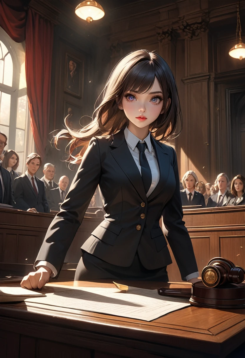 Beautiful and cute young female lawyer, standing in the courtroom, banging the desk with her fist and making a powerful defense:1.2, great storytelling, detailed depiction of the courtroom, realistic and detailed paintings, intricate details, dramatic scenes . Lighting, cinematic composition, rich textures, vibrant colors, chiaroscuro, sharp focus, surreal, photorealistic: 1.37, 16k, highest quality, high resolution, masterpiece: 1.2, professional digital art, through bangs Beautiful details (hair, cute face, eyes, pupils, long eyelashes, lips):0.7, middle breasts