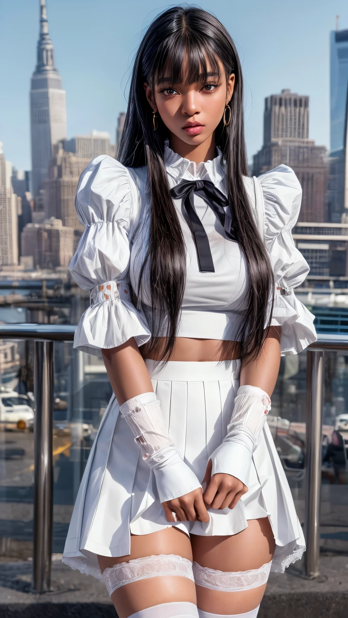 Black women、Dark skin color、windy Skirt、White shirt with puff sleeves and collar、((flare skirt))、((Lace Knee High Socks))、Big Breasts、((Straight Hair))、(short blunt bangs)、(New York Cityscape)、Very beautiful woman、Slender women、(Detailed face)、Realistic Skin、((Delicate photo))，(Girl Masterpiece RAW Photo Details:1.25), (Highest quality:1.6), (Ultra-high resolution:1.5), (Realistic:1.75), 8k resolution, Canon EOS R5, 50mm, Absurd, Ultra-detailed,Cinema Lighting、
