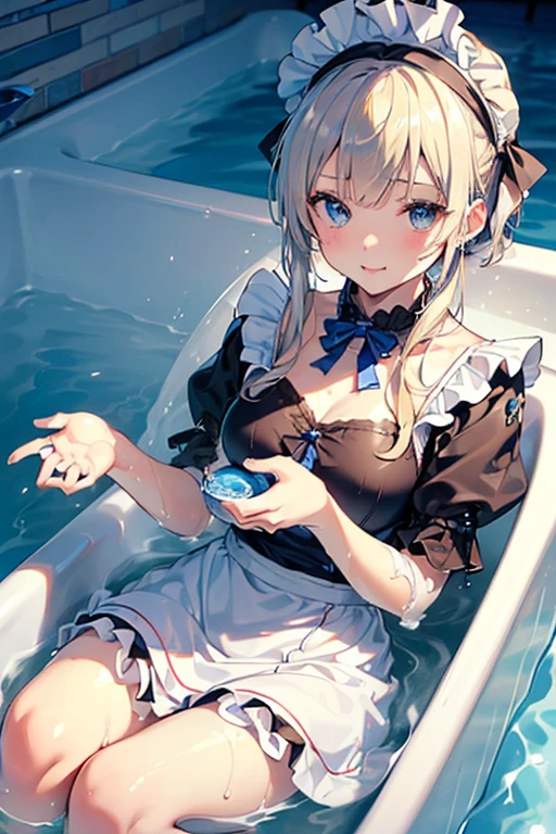 (Ultra high quality:1.6), (Highest quality:1.4), (Attention to detail:1.4), (Ultra-high resolution:1.4), (Detailed face:1.4), (Perfect Face:1,4), (Beautiful Eyes:1,4), (Detailed eyes:1.4), (Ultra-high resolution:1.4), 
(Maid clothes, White apron, Headband, Black Dress, Blue ribbon, Maid clothes, Classic, Long:1.4), (白と黒のMaid clothes), Blonde, Blue Eyes, Cat ear, cute, The best smile, (全身にWater Drop:1.4), (Swimming in clothes, bath, Bathroom, Longのバスタブ:1.4), (relax, Sit back), Sit back and relax, looks comfortable, 
(Even my clothes are wet:1.4), (Water Drop:1.4), Soaking wet, ((Entering the bath with clothes on:1.6)), (つま先から胸までSubmersion:1.6), (Plenty of hot water, Submersion),  